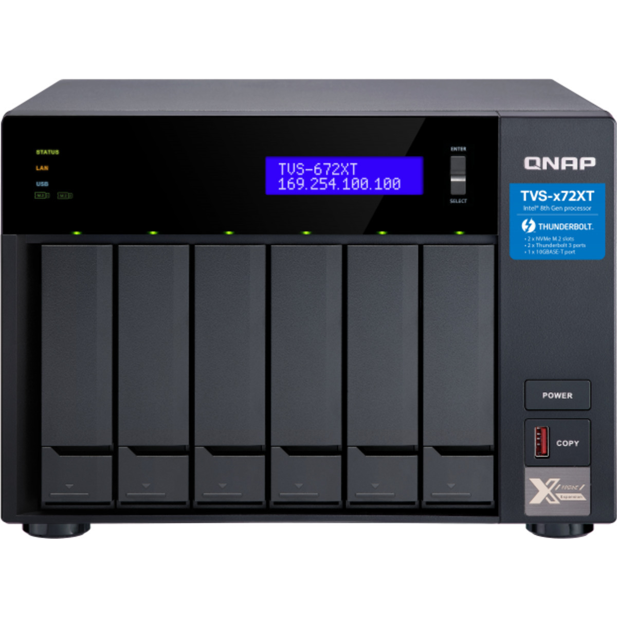 QNAP TVS-672XT Thunderbolt 3 60tb 6-Bay Desktop Multimedia / Power User / Business DAS-NAS - Combo Direct + Network Storage Device 5x12tb Seagate IronWolf ST12000VN0008 3.5 7200rpm SATA 6Gb/s HDD NAS Class Drives Installed - Burn-In Tested TVS-672XT Thunderbolt 3